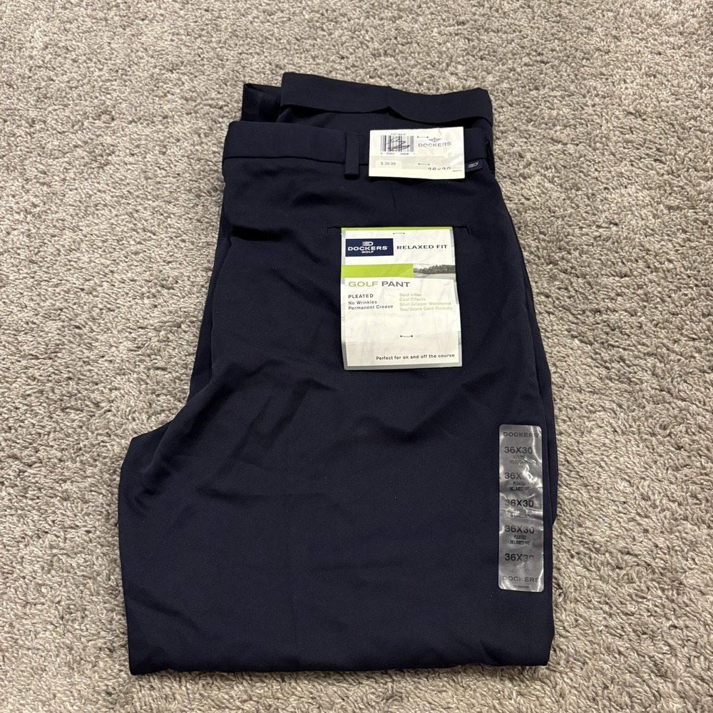 NEW 36x30 Dockers Golf Relaxed Fit Navy Blue Pants Wide Leg Stain Resistant $52